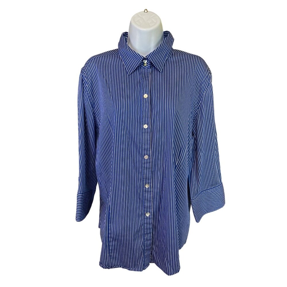 Chicos Womens Button Down Shirt Size 3 Large Blue Striped Paisley Collar Preppy